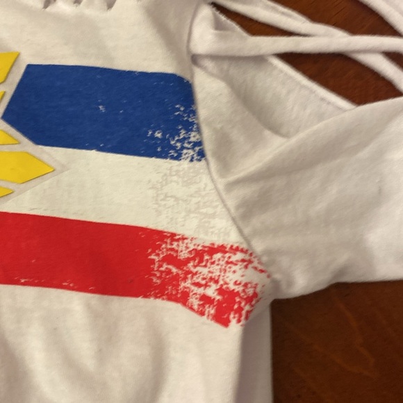 Kamisa Shredded Distressed T Shirt Sunburst Red White & Blue Large - Picture 9 of 11